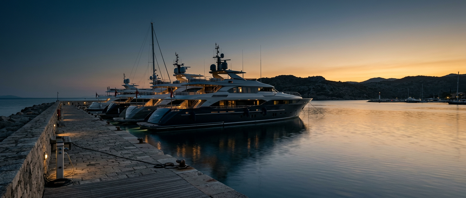 A marina at dusk, superyachts moored along the quay
